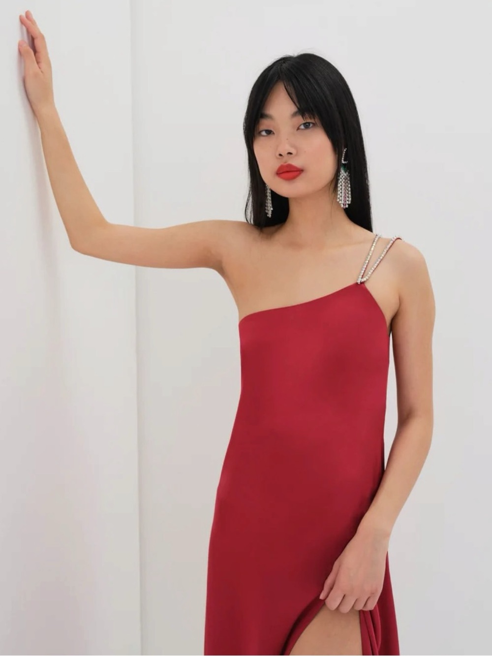 For Love And Lemons Elora Midi Dress Red Medium NWT Evening Party Slit Holiday - Picture 3 of 12